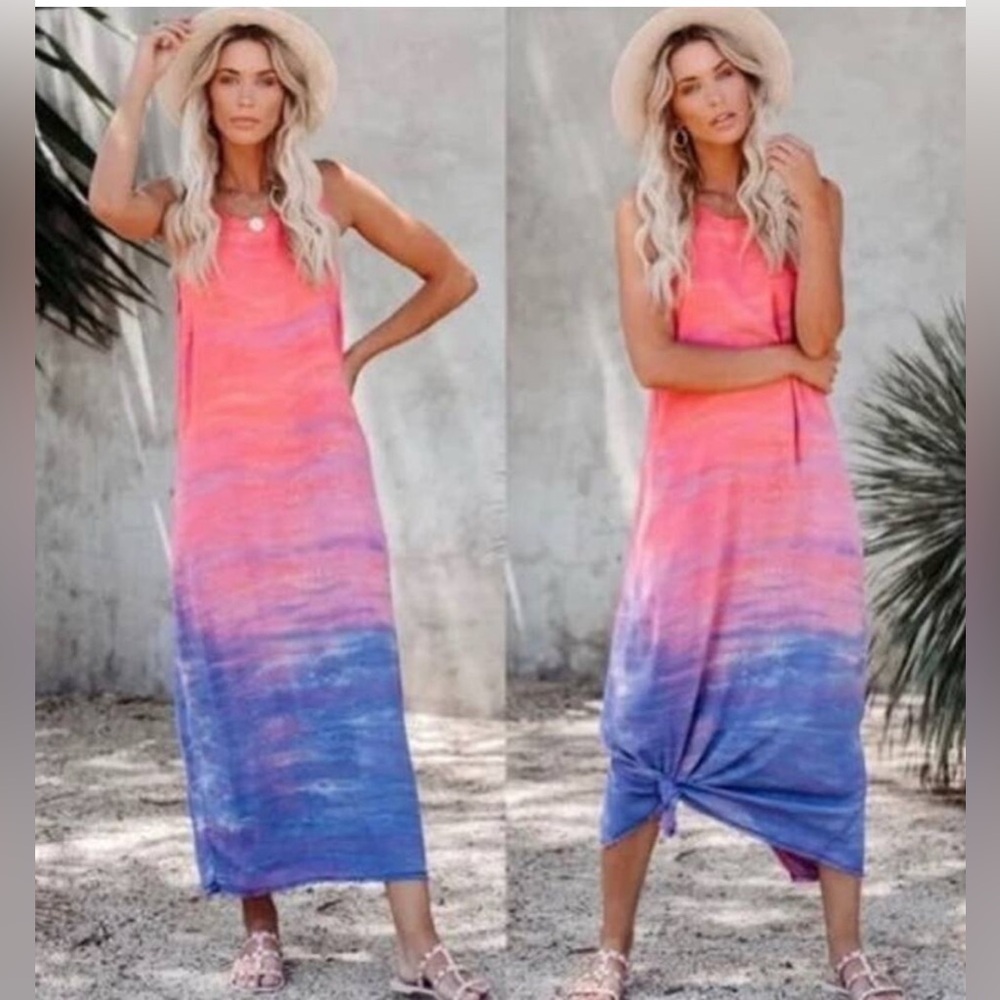 Sam & Lavi Coral Pink to Blue Ombre Maxi Dress